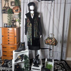 Aris A Burnout Velvet Beaded Peacock/Floral Sleeveless Duster LARGE NWOT